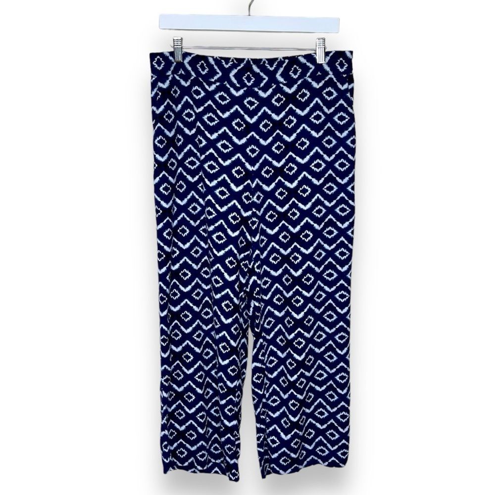 Loft Linen Viscose Navy White Ikat Cropped Pull On Pant Women Medium Pockets